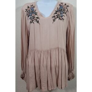 Solitaire Dusty Rose Peplum Embroidered Top Medium Lightweight Ruffled Sleeves